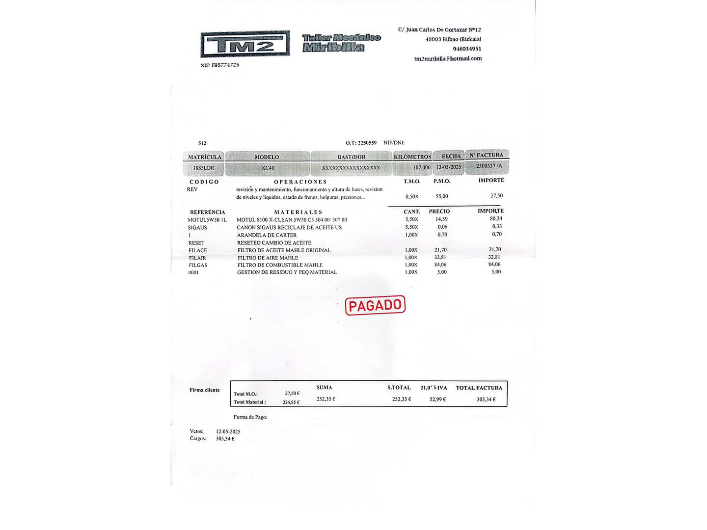Foto del mantenimiento del Volvo XC40 Volvo XC40 D3 Business Plus (150 CV)