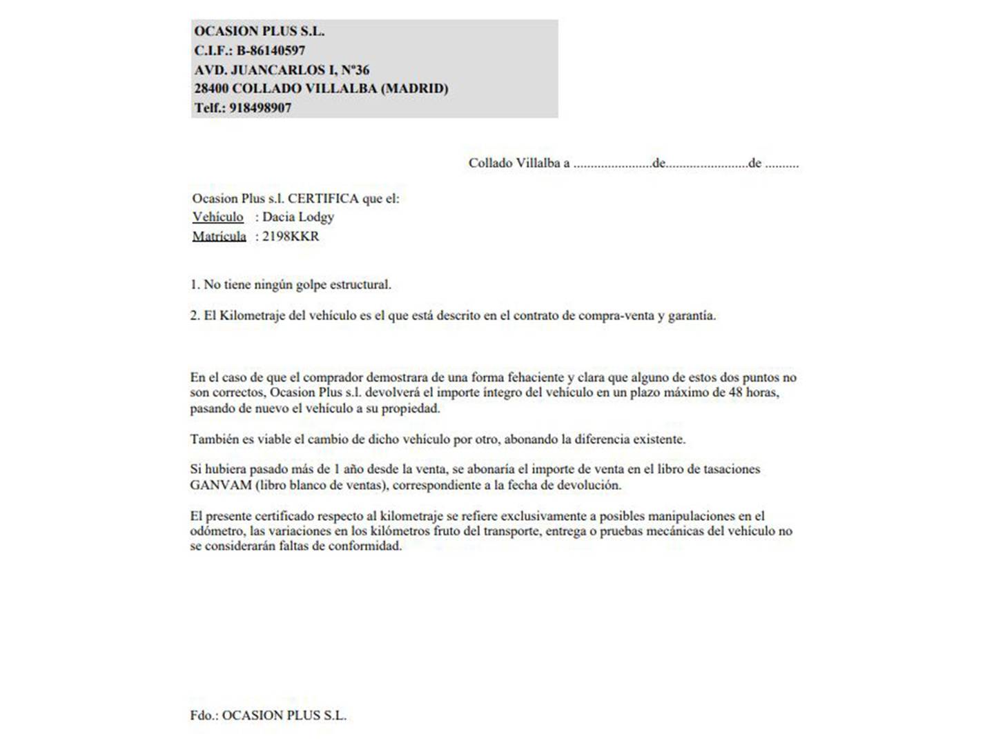 Foto del certificado del Dacia Lodgy Dacia Lodgy Serie Limitada Nómada 1.6 (102 CV) 7 Plazas