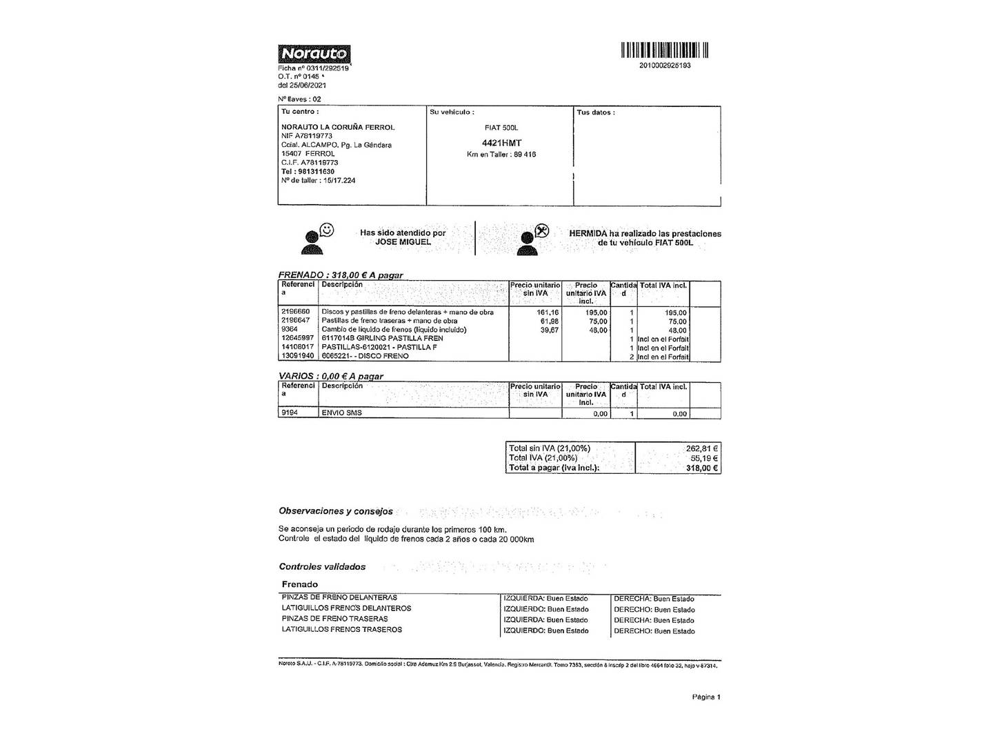 Foto del mantenimiento del Fiat 500L Fiat 500L 1.4 16v (95 CV)