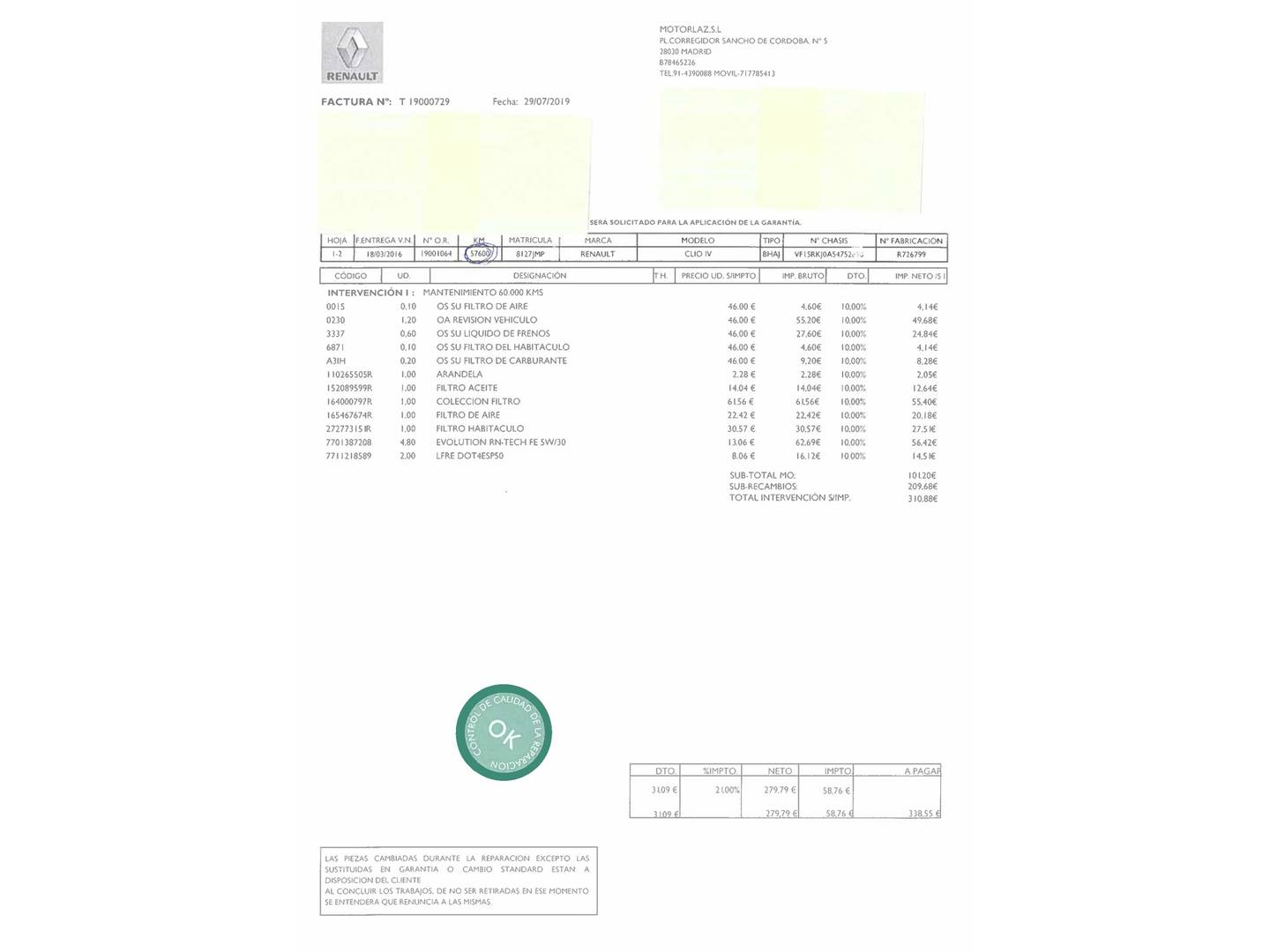 Foto del mantenimiento del Renault Clio Renault Clio Dynamique dCi (90 CV) Pack GT Line