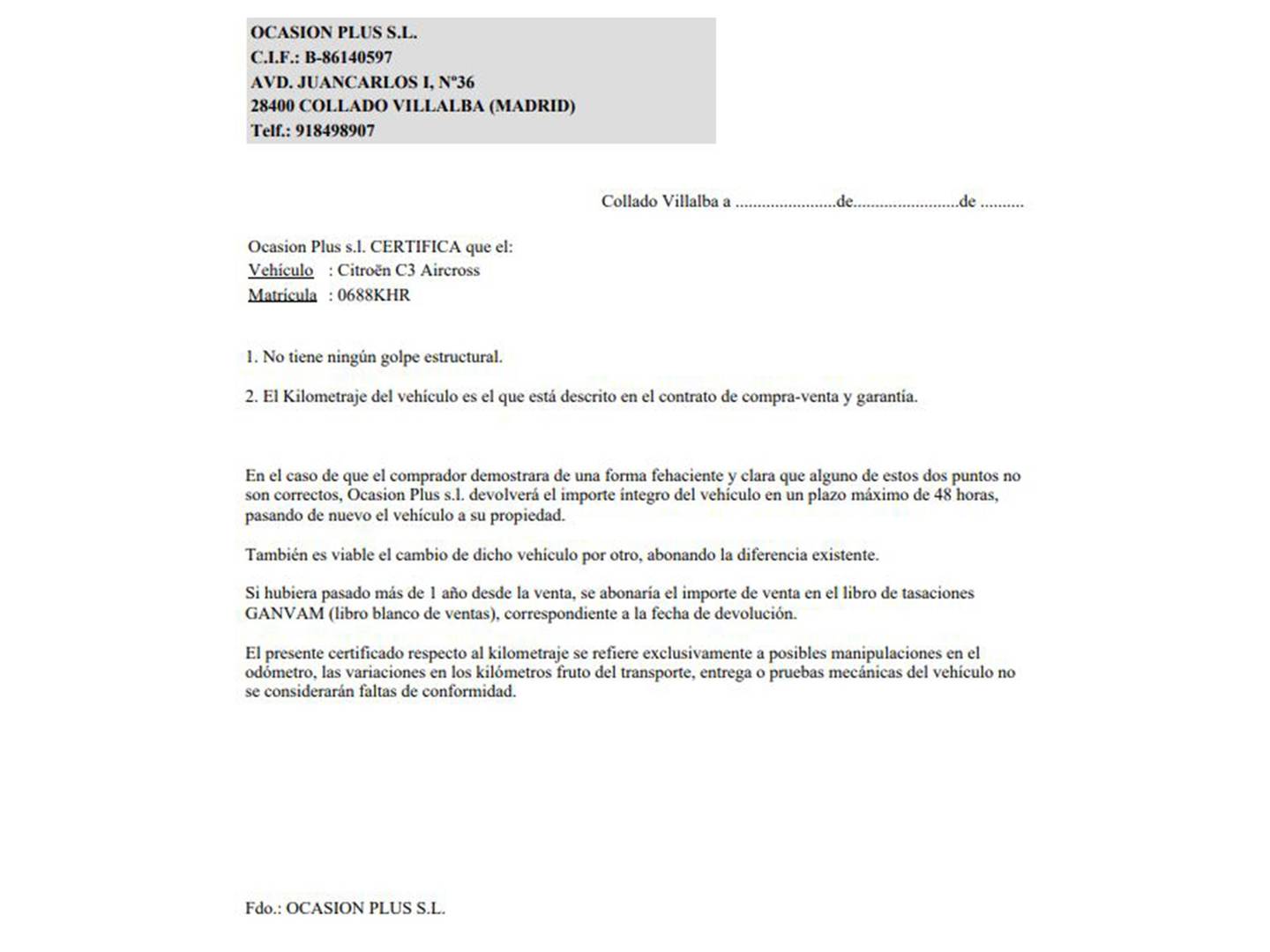 Foto del certificado del Citroën C3 Aircross Citroën C3 Aircross CITROEN C3 Aircross BlueHDi  SHINE (100CV)