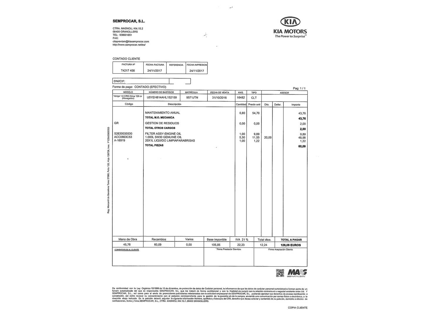 Foto del mantenimiento del KIA Venga KIA Venga 1.6 CRDi VGT Drive (128 CV)