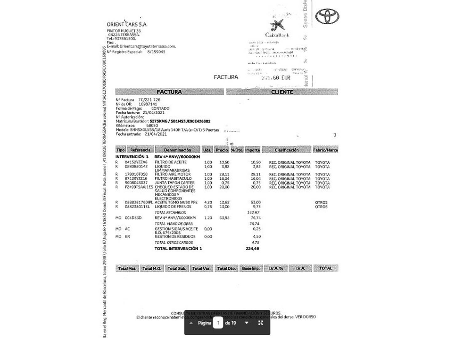 Foto del mantenimiento del Toyota Auris Toyota Auris 1.8 140H Hybrid Feel! Edition