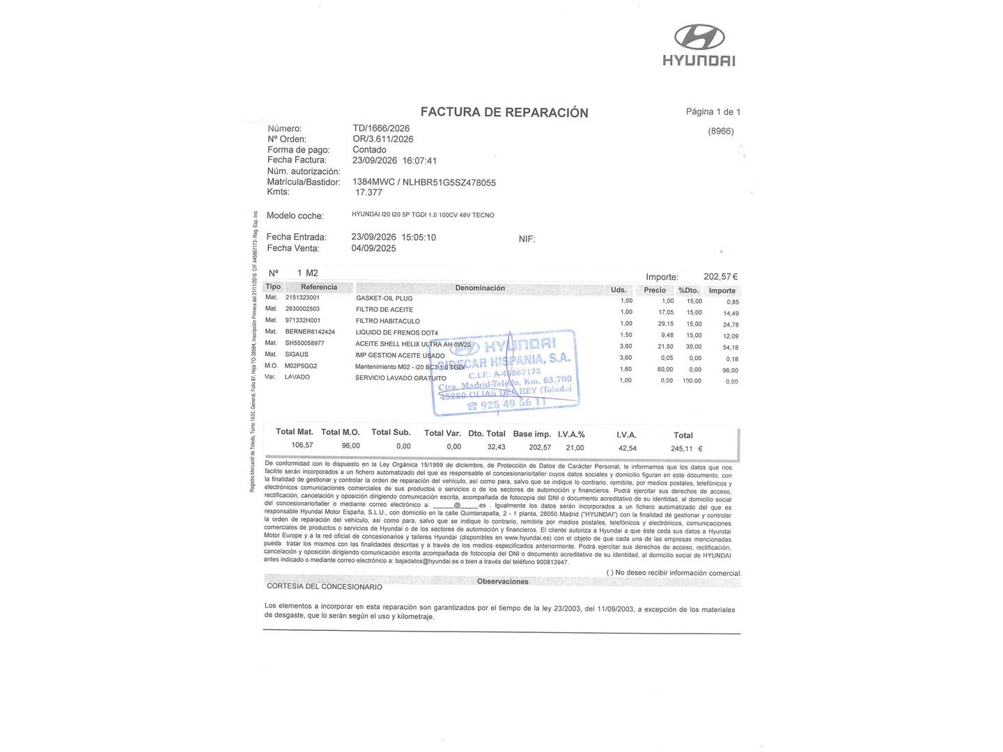 Foto del mantenimiento del Hyundai i20 Hyundai i20 1.0 TGDI 48V Tecno (100 CV)