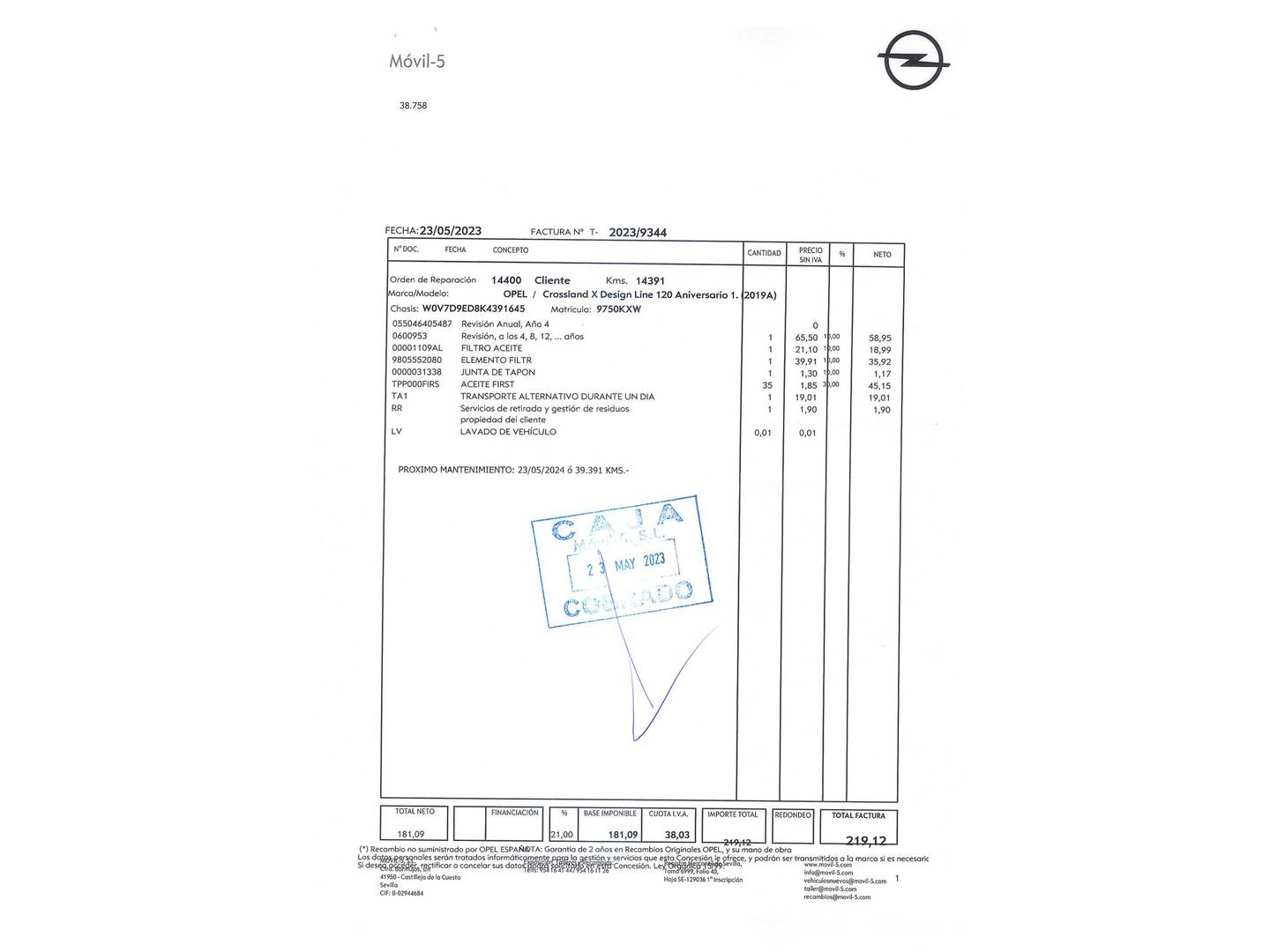 Foto del mantenimiento del Opel Crossland X Opel Crossland X 1.2 S&S Design Line 120 Aniversario (110 CV)