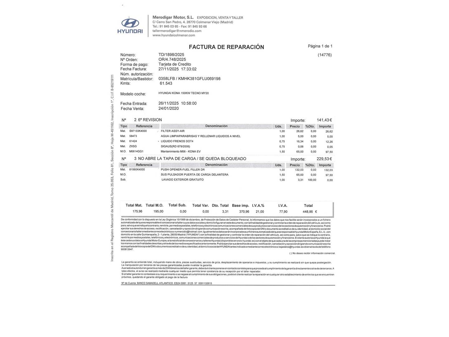 Foto del mantenimiento del Hyundai Kona Hyundai Kona EV Tecno (204 CV)