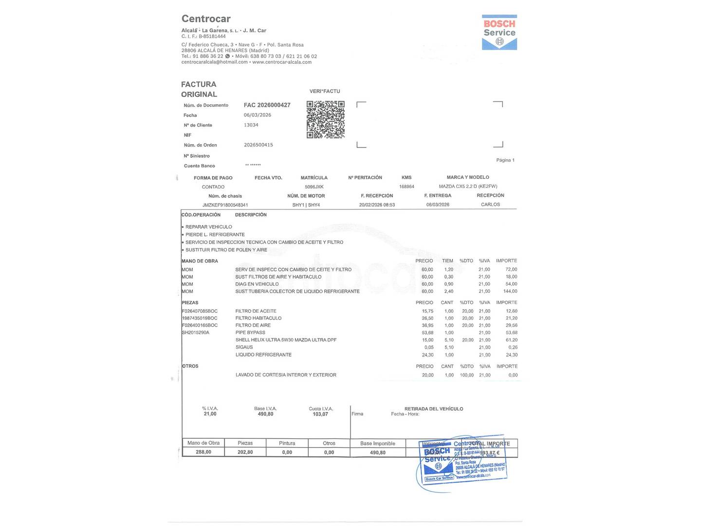 Foto del mantenimiento del Mazda CX-5 Mazda CX-5 2.2 DE Black Tech Edition 2WD Aut. (150 CV)