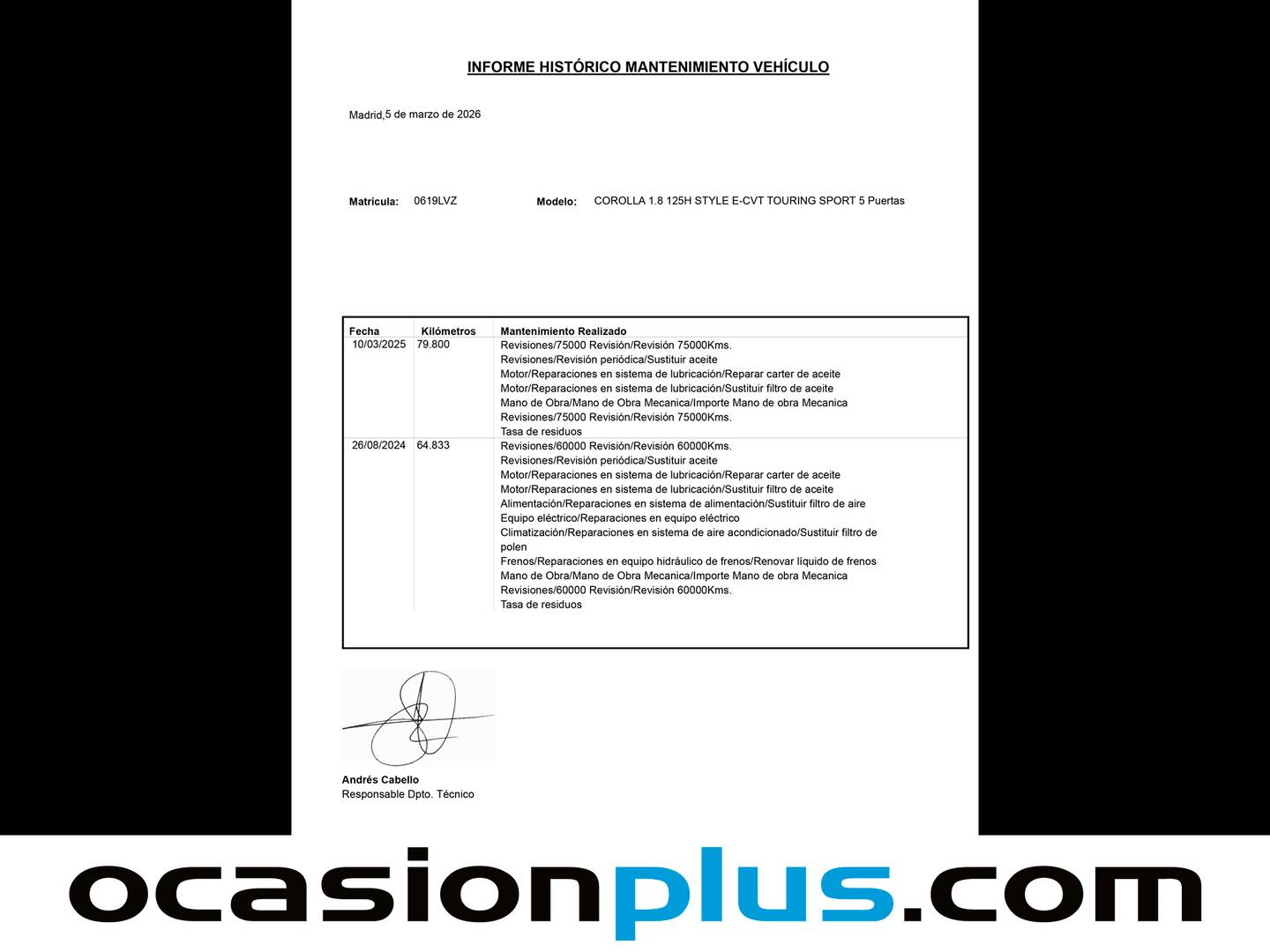 Foto del mantenimiento del Toyota Corolla Toyota Corolla Touring Sport 125H Style E-CVT (122 CV)