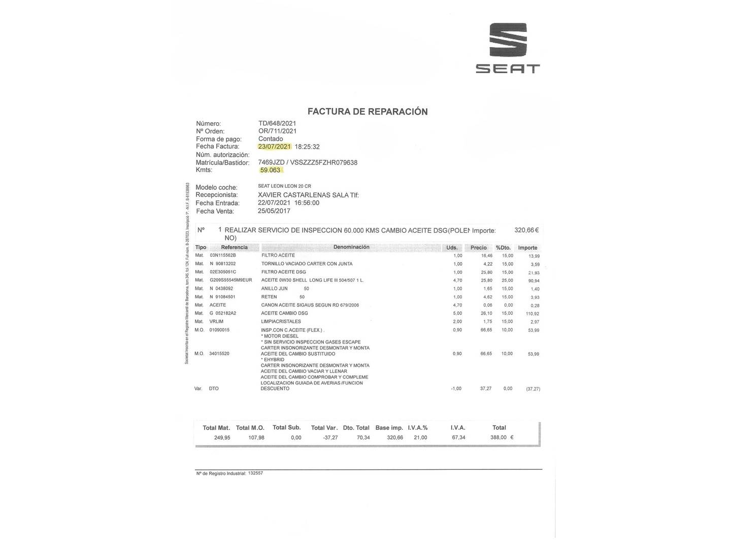 Foto del mantenimiento del Seat León Seat León 2.0 TDI S&S FR DSG (150 CV)