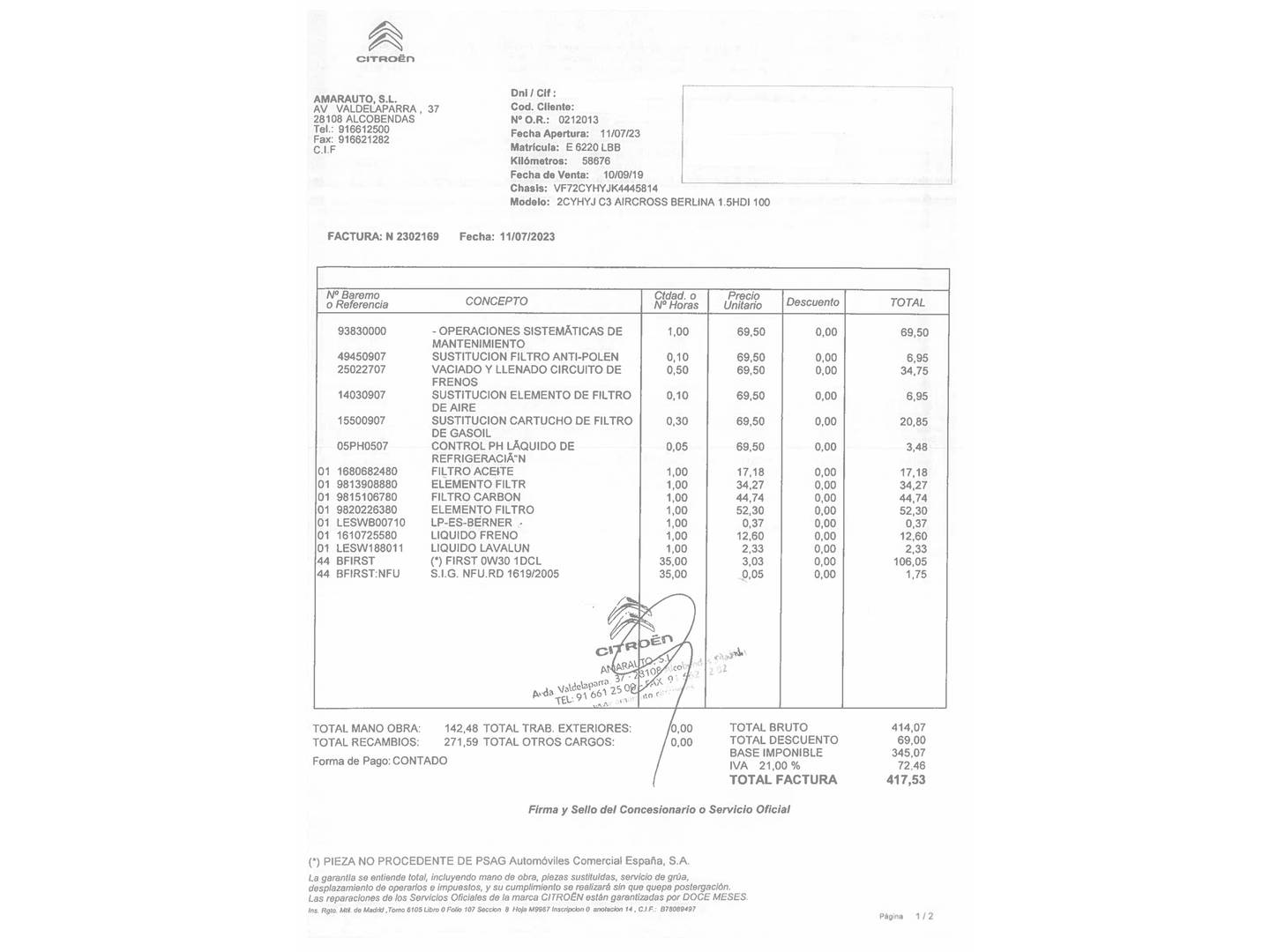 Foto del mantenimiento del Citroën C3 Aircross Citroën C3 Aircross BlueHDi 100 S&S Feel (102 CV)