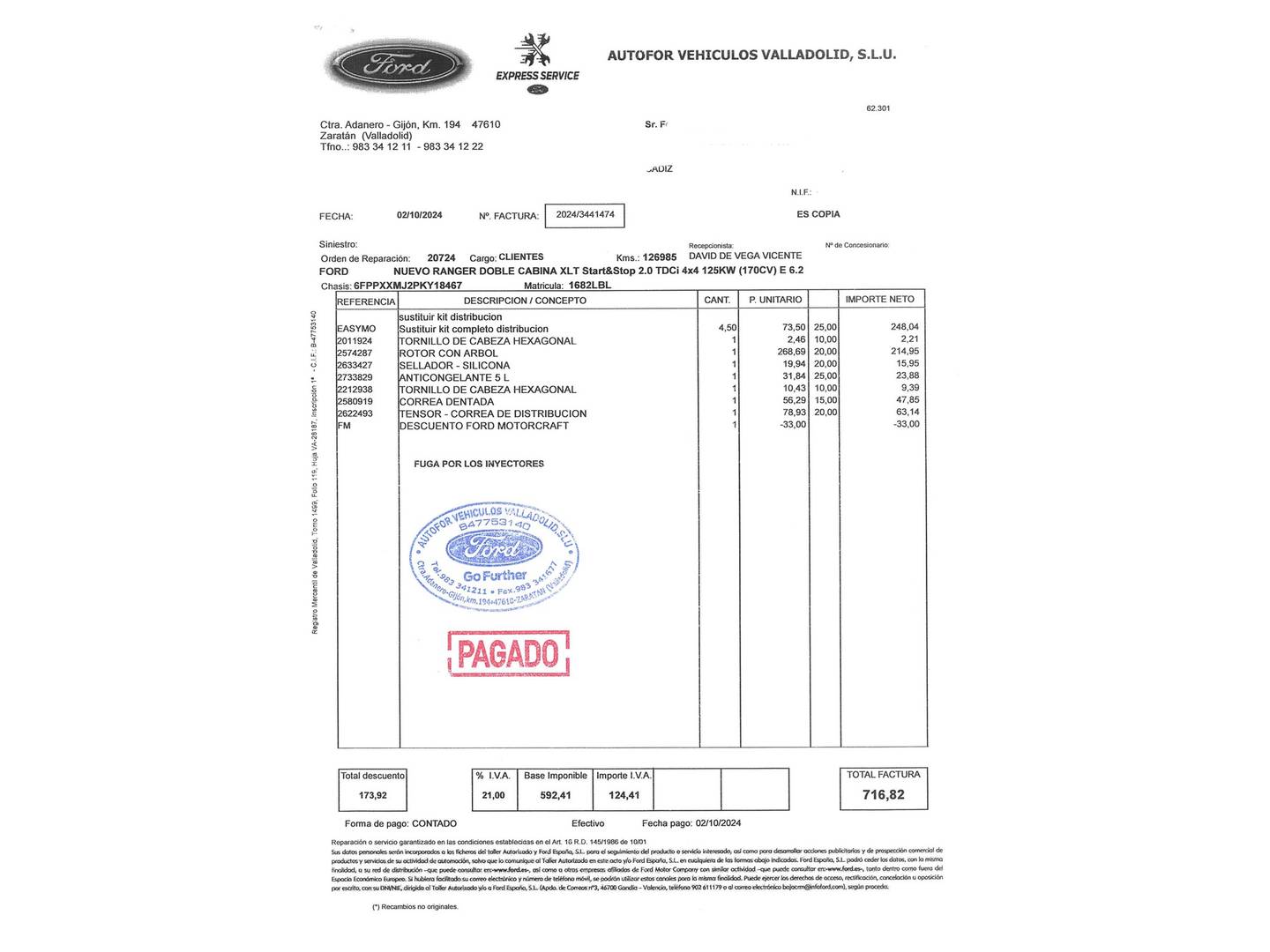 Foto del mantenimiento del Ford Ranger Ford Ranger Pickup 2.0 TDCI S&S DobleCabina XLT 4x4 (170 CV)
