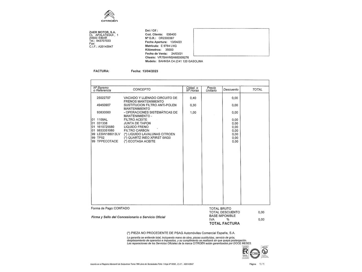 Foto del mantenimiento del Citroën C4 Citroën C4 PureTech 130 S&S 6v Feel Pack (130 CV)