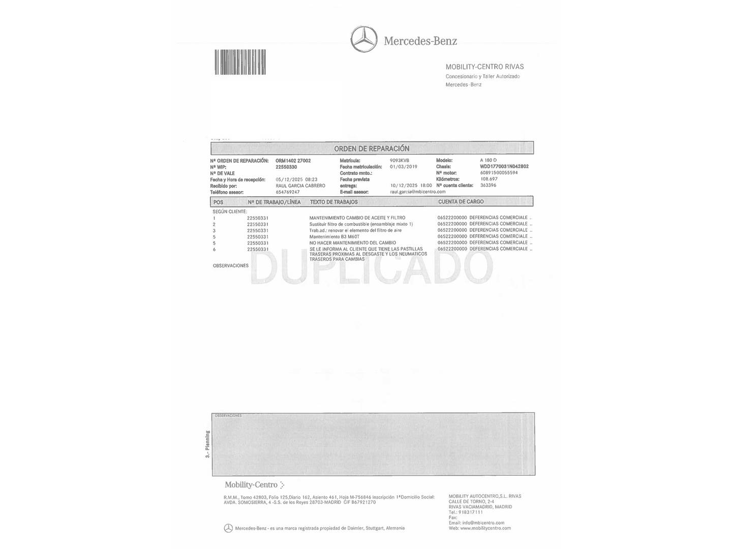Foto del mantenimiento del Mercedes Clase A Mercedes Clase A 180 d (116 CV)