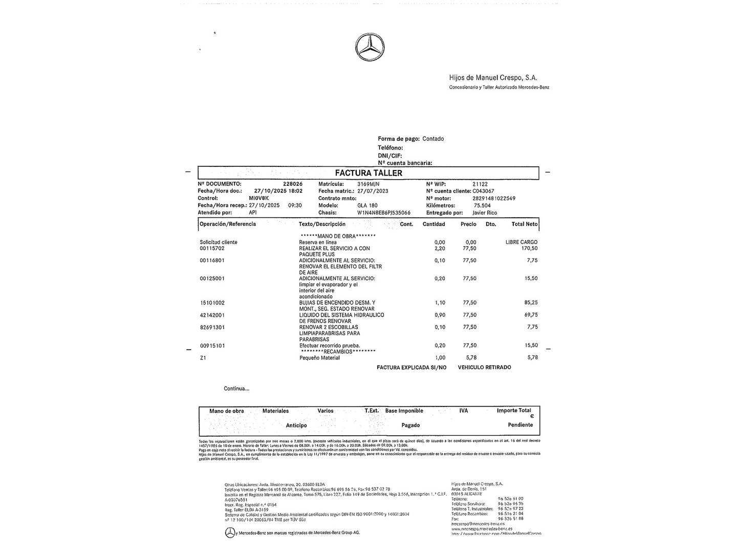 Foto del mantenimiento del Mercedes GLA Mercedes GLA 180 (136 CV)