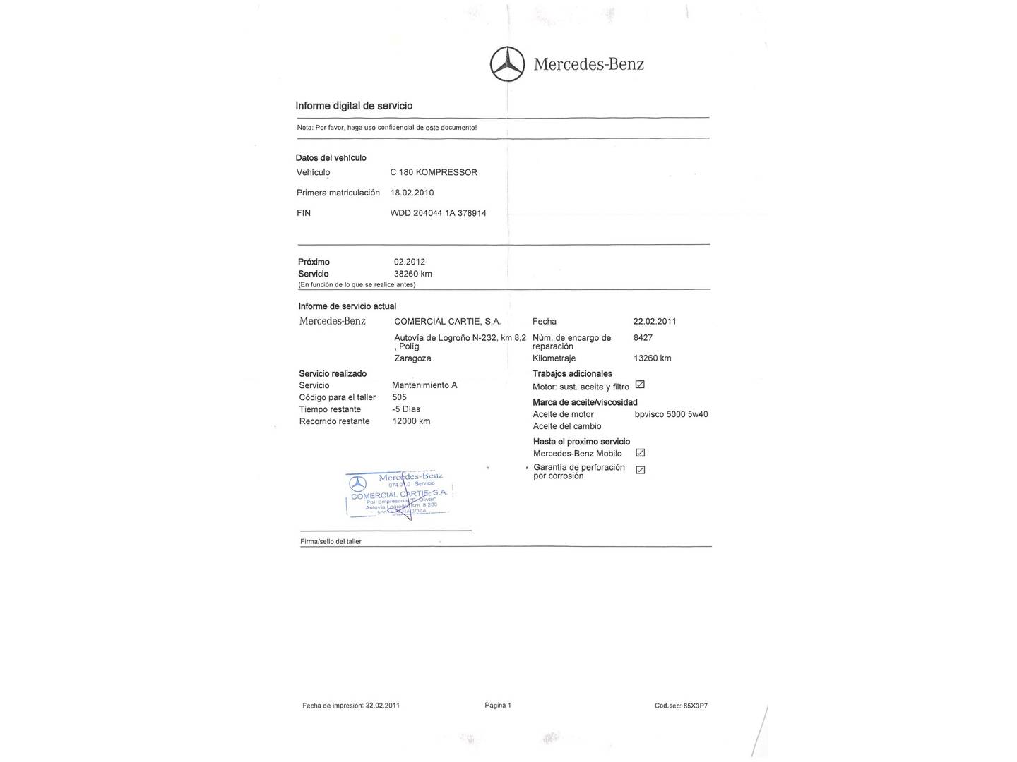 Foto del mantenimiento del Mercedes Clase C Mercedes Clase C 180 Kompresor Avantgarde (156 CV)