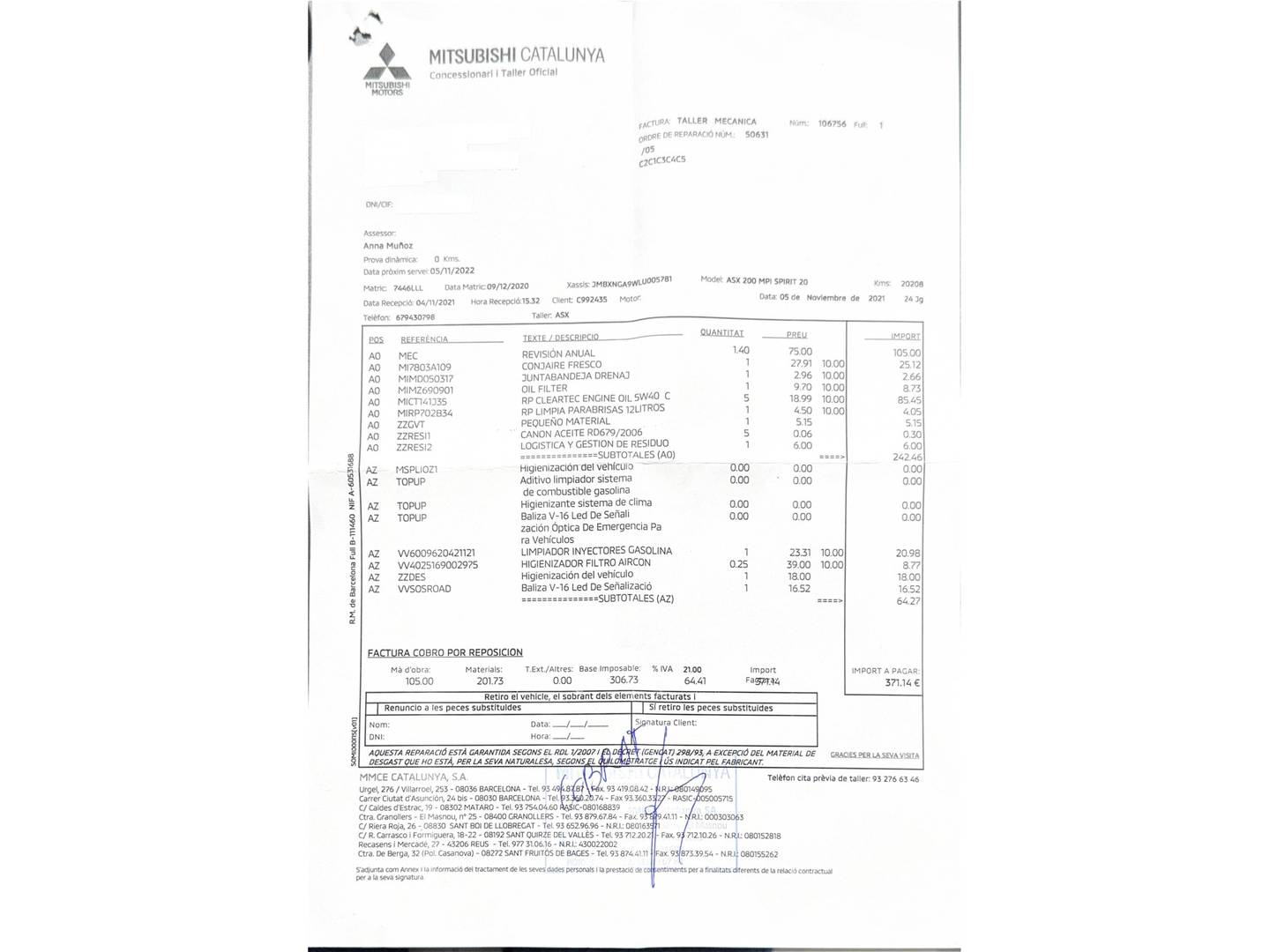 Foto del mantenimiento del Mitsubishi ASX Mitsubishi ASX 200 MPI Spirit (150 CV)