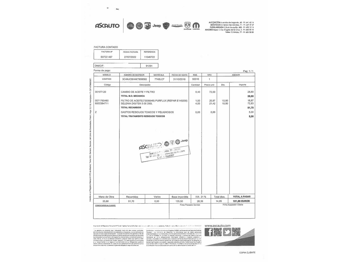 Foto del mantenimiento del Jeep Compass Jeep Compass 1.4 Multiair Night Eagle 4x2 (140 CV)
