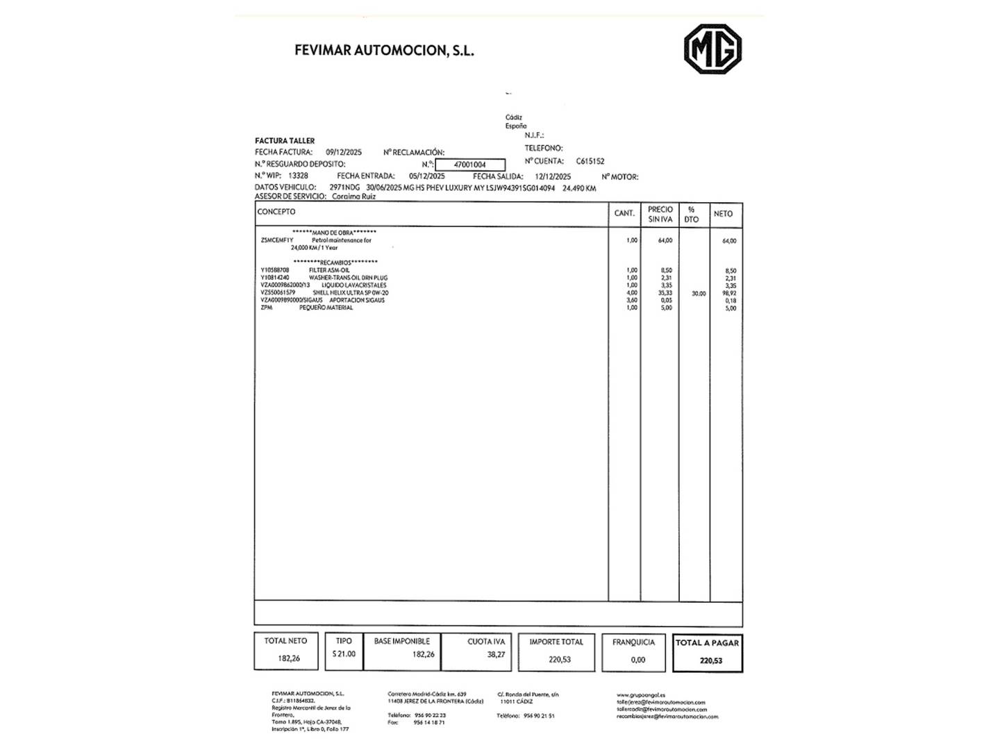 Foto del mantenimiento del MG HS MG eHS 1.5T PHEV Luxury (272 CV)