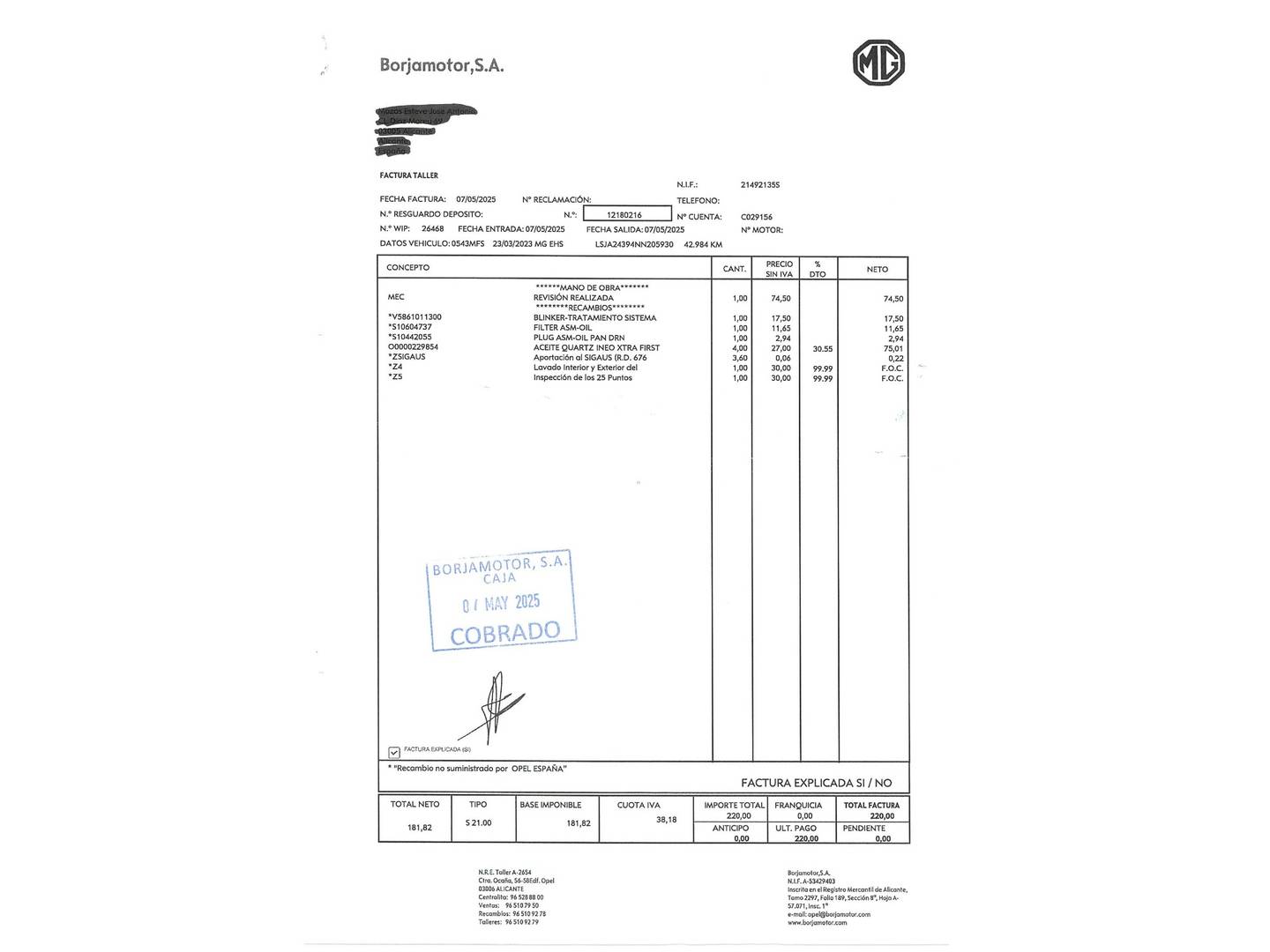 Foto del mantenimiento del MG eHS MG eHS 1.5 T-GDI PHEV Luxury (258 CV)