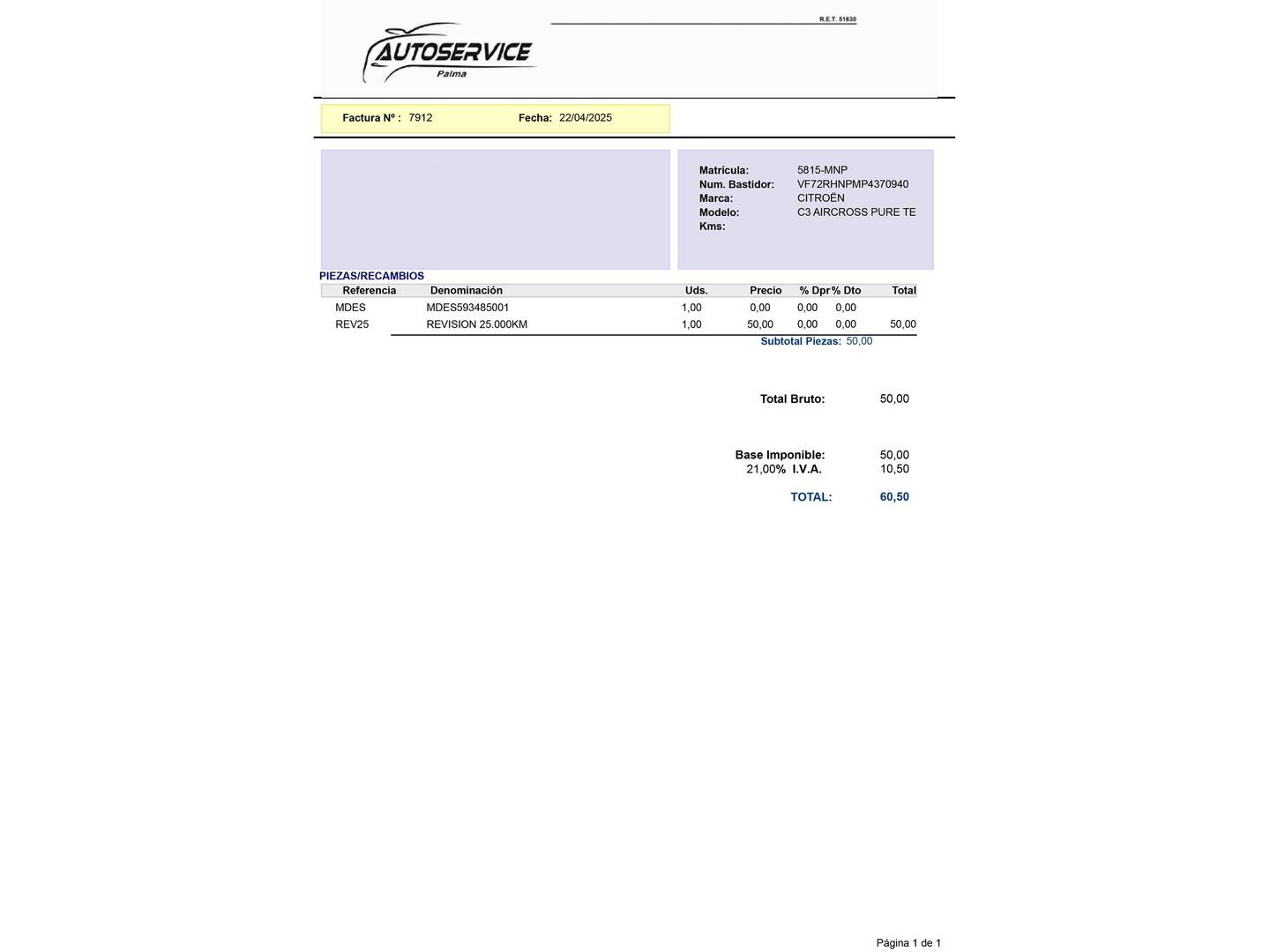 Foto del mantenimiento del Citroën C3 Aircross Citroën C3 Aircross PureTech 110 S&S Plus (110 CV)