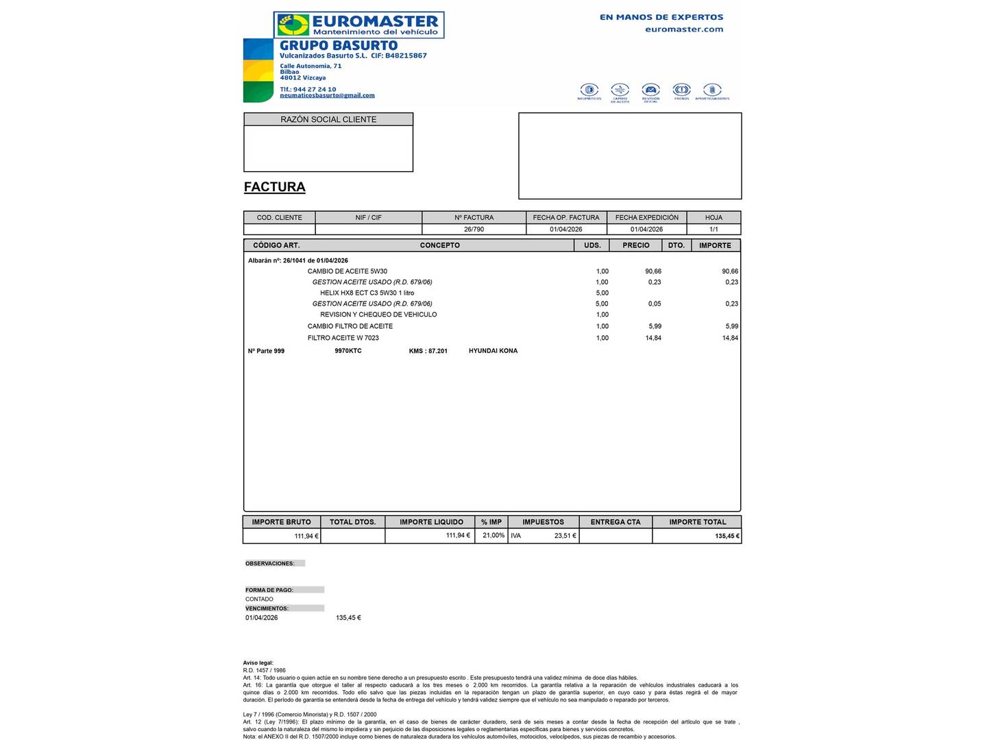 Foto del mantenimiento del Hyundai Kona Hyundai Kona 1.0 TGDI Klass 4x2 (120 CV)
