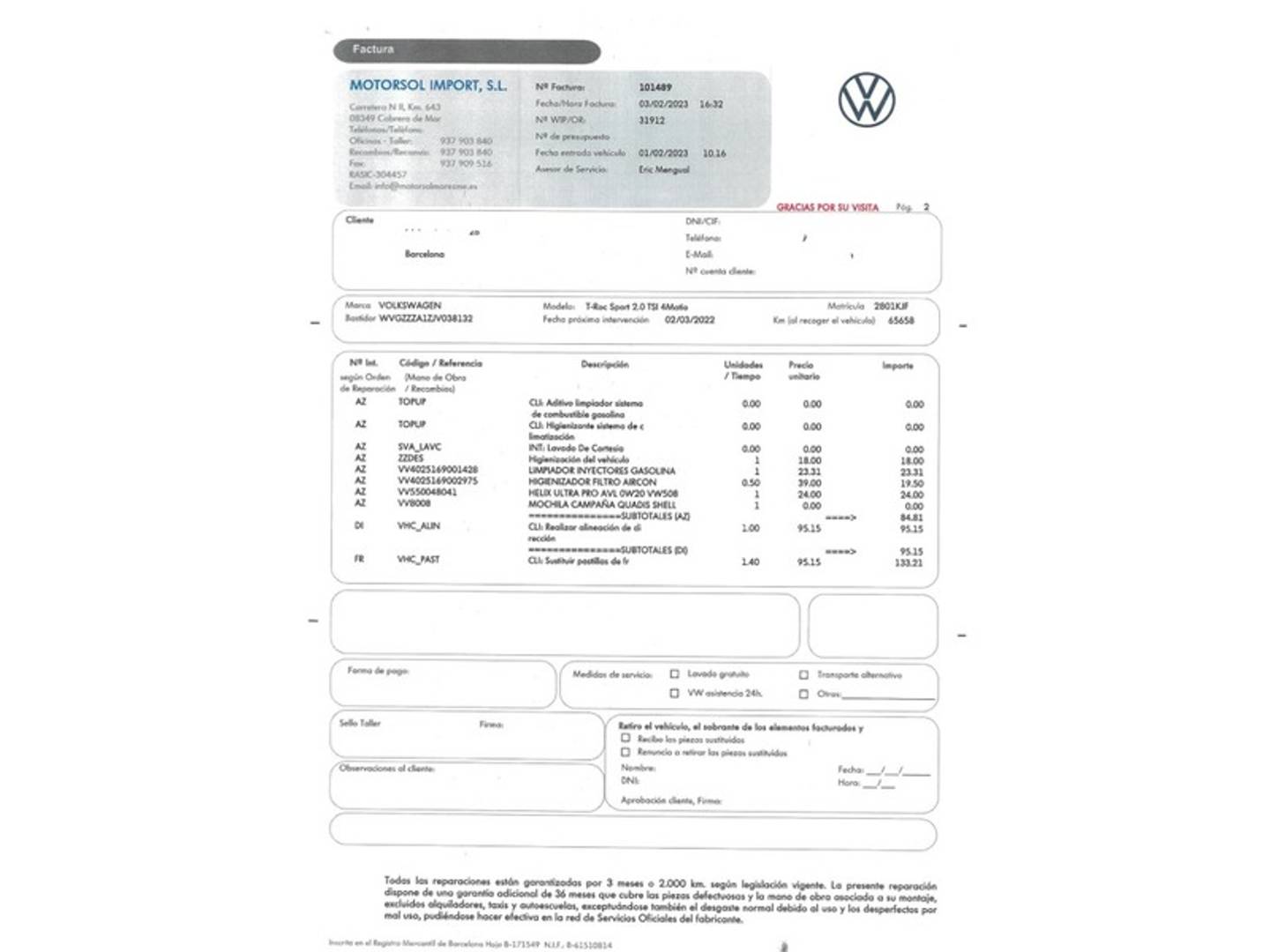 Foto del mantenimiento del Volkswagen T-Roc Volkswagen T-Roc Sport 2.0 TSI 4Motion (190 CV) DSG