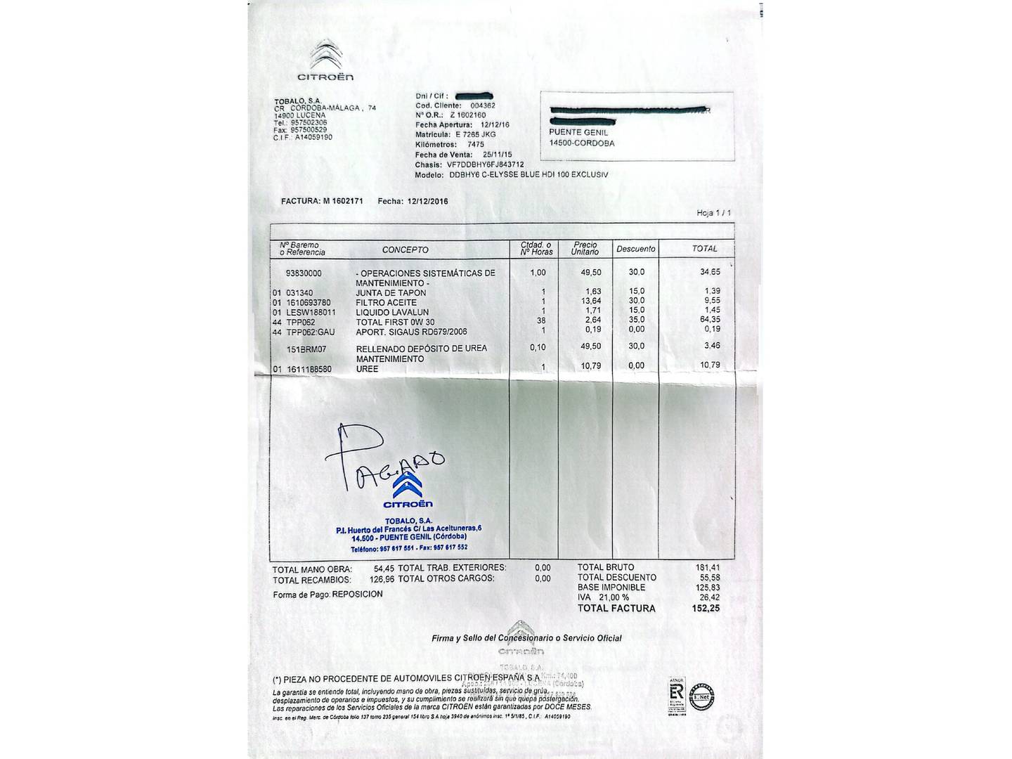 Foto del mantenimiento del Citroën C-Elysée Citroën C-Elysee BlueHDi 100 Exclusive (100 CV)