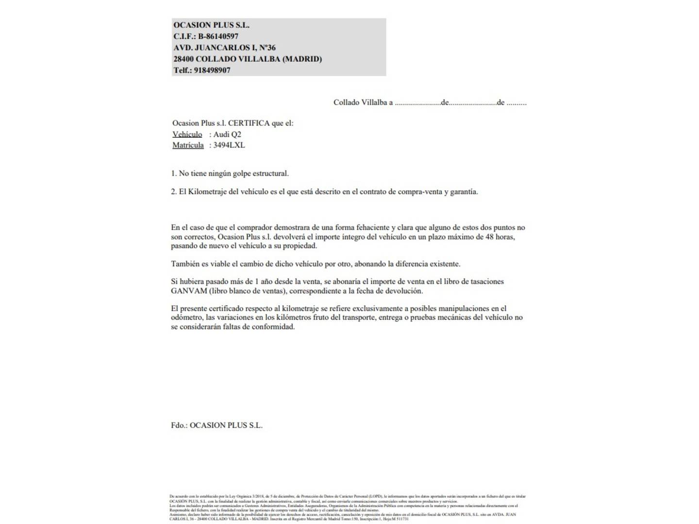 Foto del certificado del Audi Q2 Audi Q2 Advanced 35 TDI quattro (150 CV) S tronic