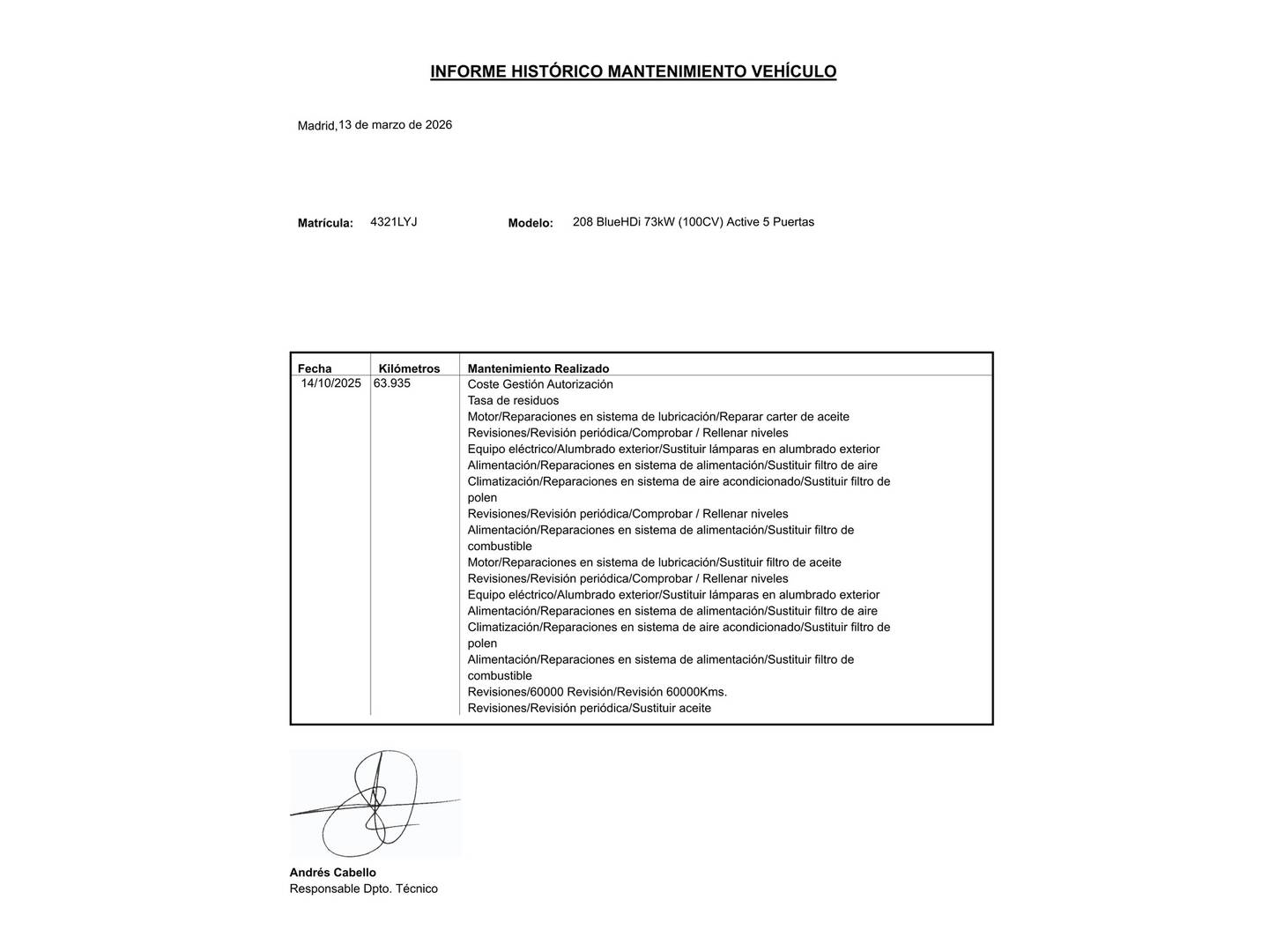 Foto del mantenimiento del Peugeot 208 Peugeot 208 BlueHDi 100 Active (100 CV)