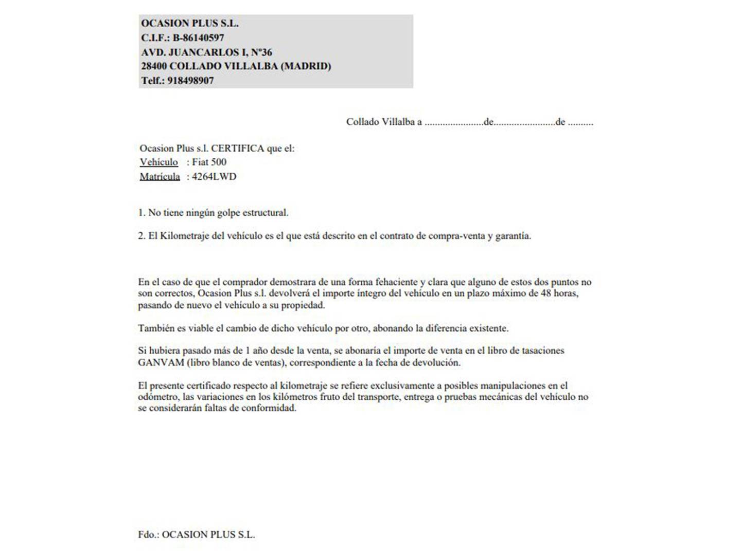 Foto del certificado del Fiat 500 Fiat 500 1.0 Hybrid Dolcevita (70 CV)