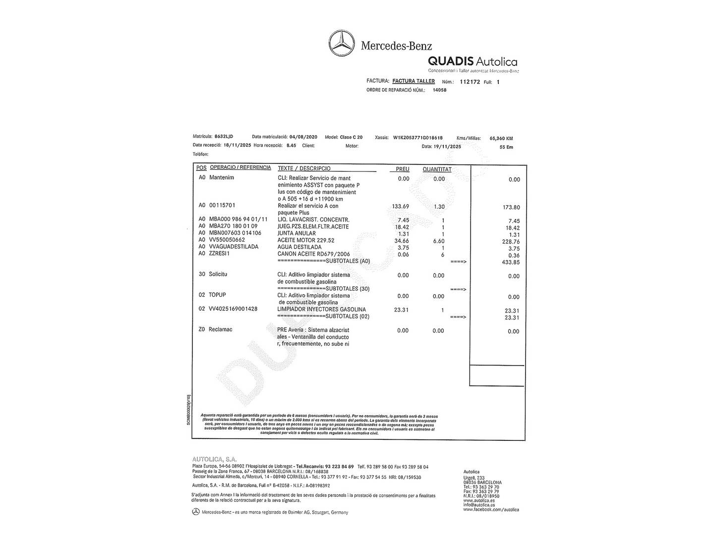 Foto del mantenimiento del Mercedes Clase C Mercedes Clase C C 200 Coupe (184 CV) Paquete AMG