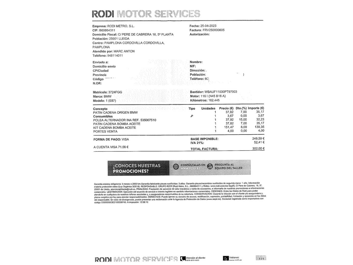 Foto del mantenimiento del BMW Serie 1 BMW Serie 1 116i (116 CV)