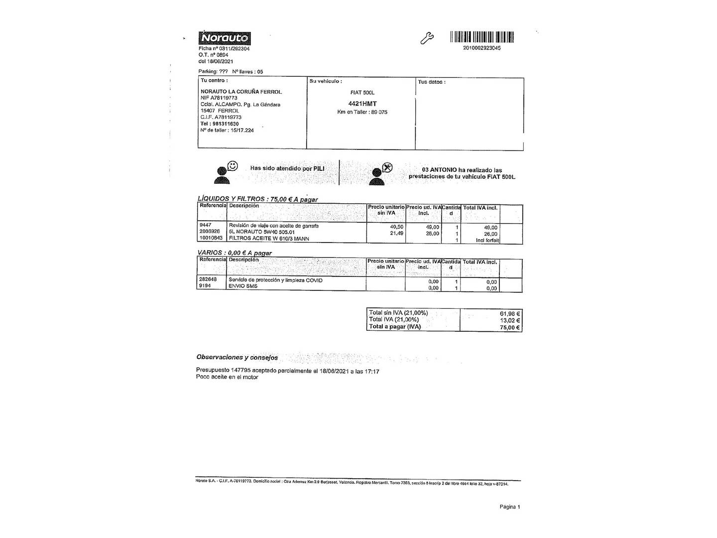 Foto del mantenimiento del Fiat 500L Fiat 500L 1.4 16v (95 CV)