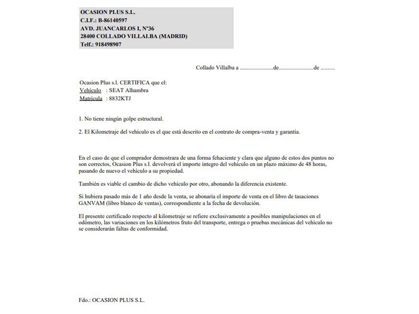 Foto del certificado del Seat Alhambra Seat Alhambra 2.0 TDI S&S Xcellence Travel Edition DSG (150 CV) 7 Plazas