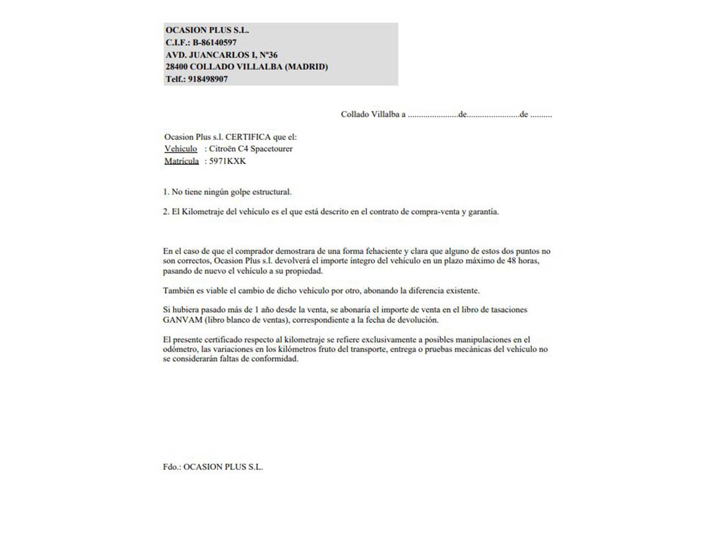 Foto del certificado del Citroën Grand C4 Spacetourer Citroën Grand C4 Spacetourer PureTech 130 S&S Feel (130 CV) 7 Plazas