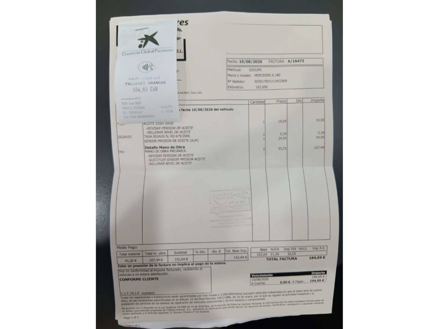 Foto del mantenimiento del Mercedes Clase A Mercedes Clase A 180 d AMG Line (109 CV)