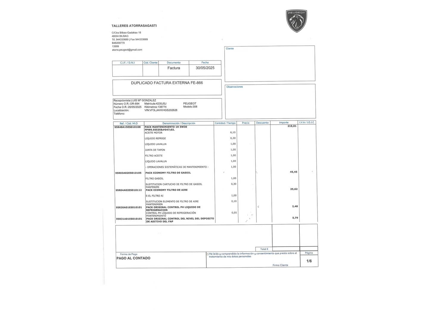 Foto del mantenimiento del Peugeot 308 Peugeot 308 SW 2.0 BlueHDI GT Line (150 CV)