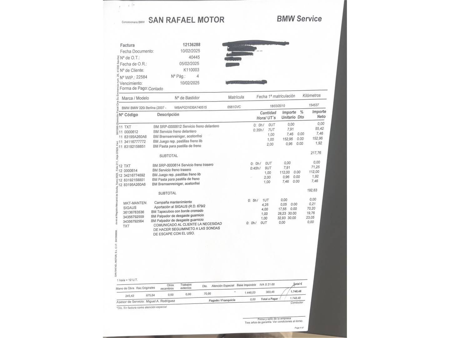 Foto del mantenimiento del BMW Serie 3 BMW Serie 3 320i (170 CV)