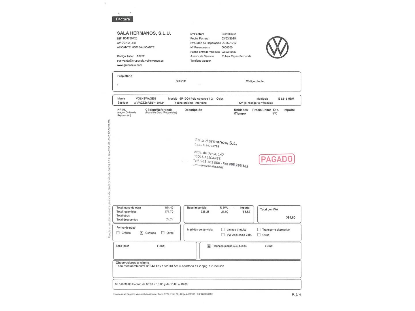 Foto del mantenimiento del Volkswagen Polo Volkswagen Polo Advance 1.2 (70 CV)