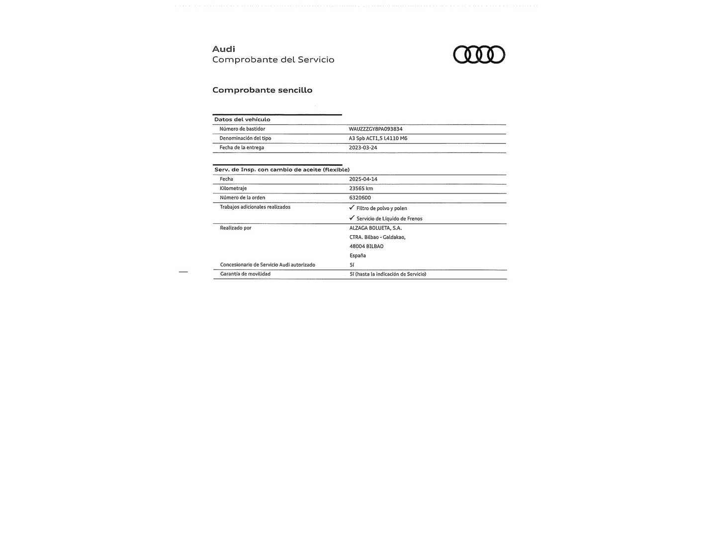 Foto del mantenimiento del Audi A3 Audi A3 Sportback Advanced 35 TFSI (150 CV)