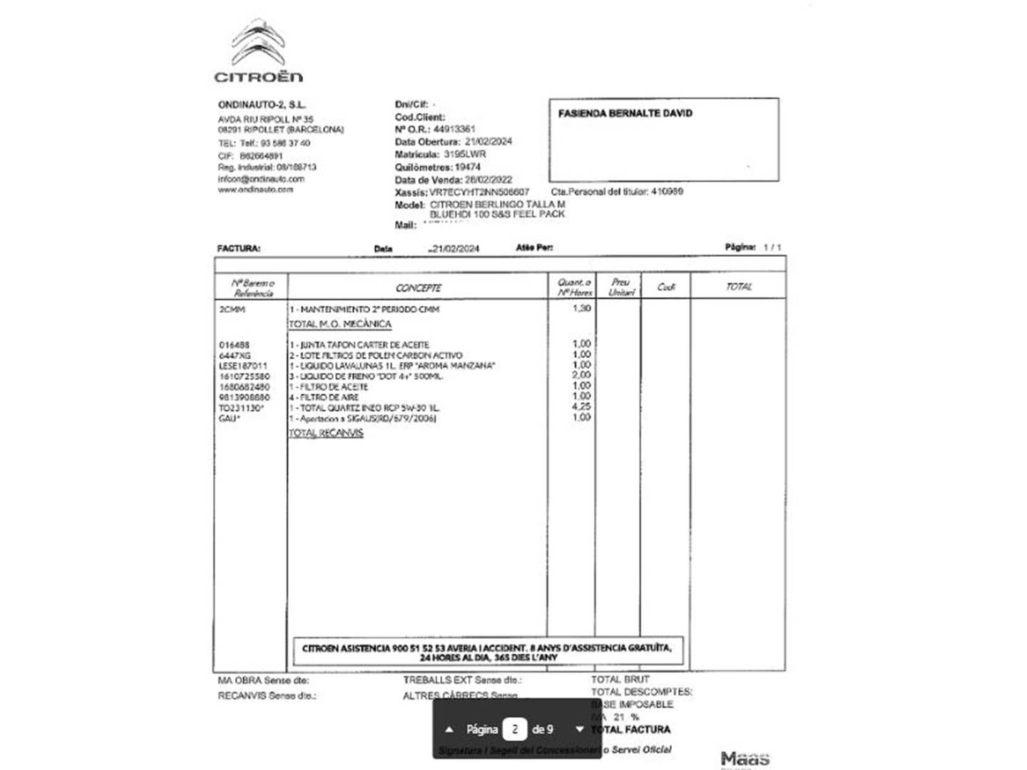 Foto del mantenimiento del Citroën Berlingo Citroën Berlingo Combi BlueHDi 100 S&S Talla M Feel Pack (102 CV)