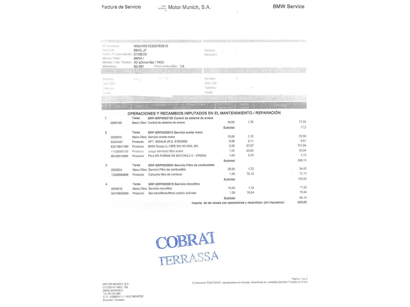 Foto del mantenimiento del BMW X2 BMW X2 sDrive18d  (150 CV)
