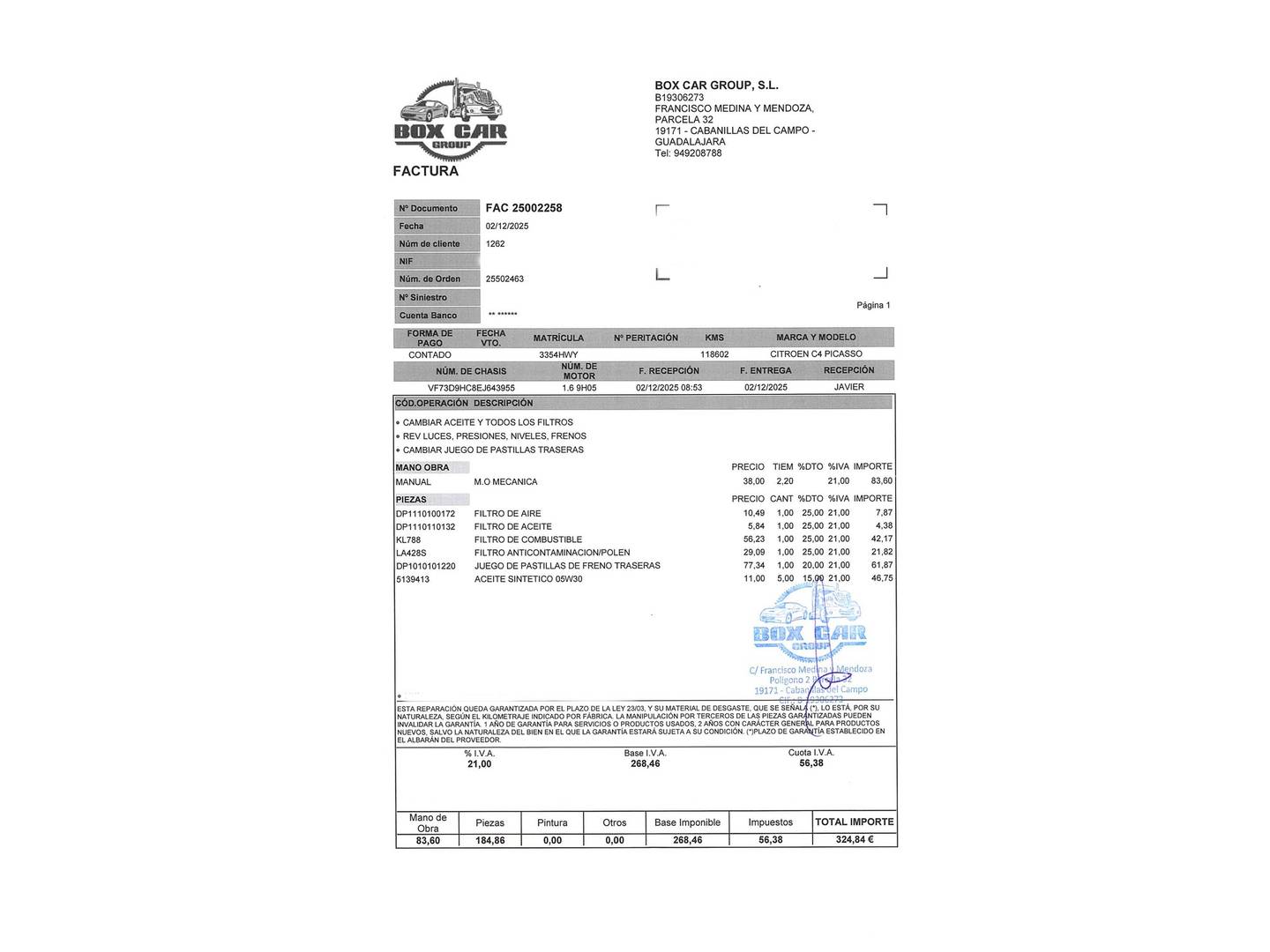 Foto del mantenimiento del Citroën C4 Picasso Citroën C4 Picasso 1.6 e-HDI Exclusive ETG6 (115 CV)