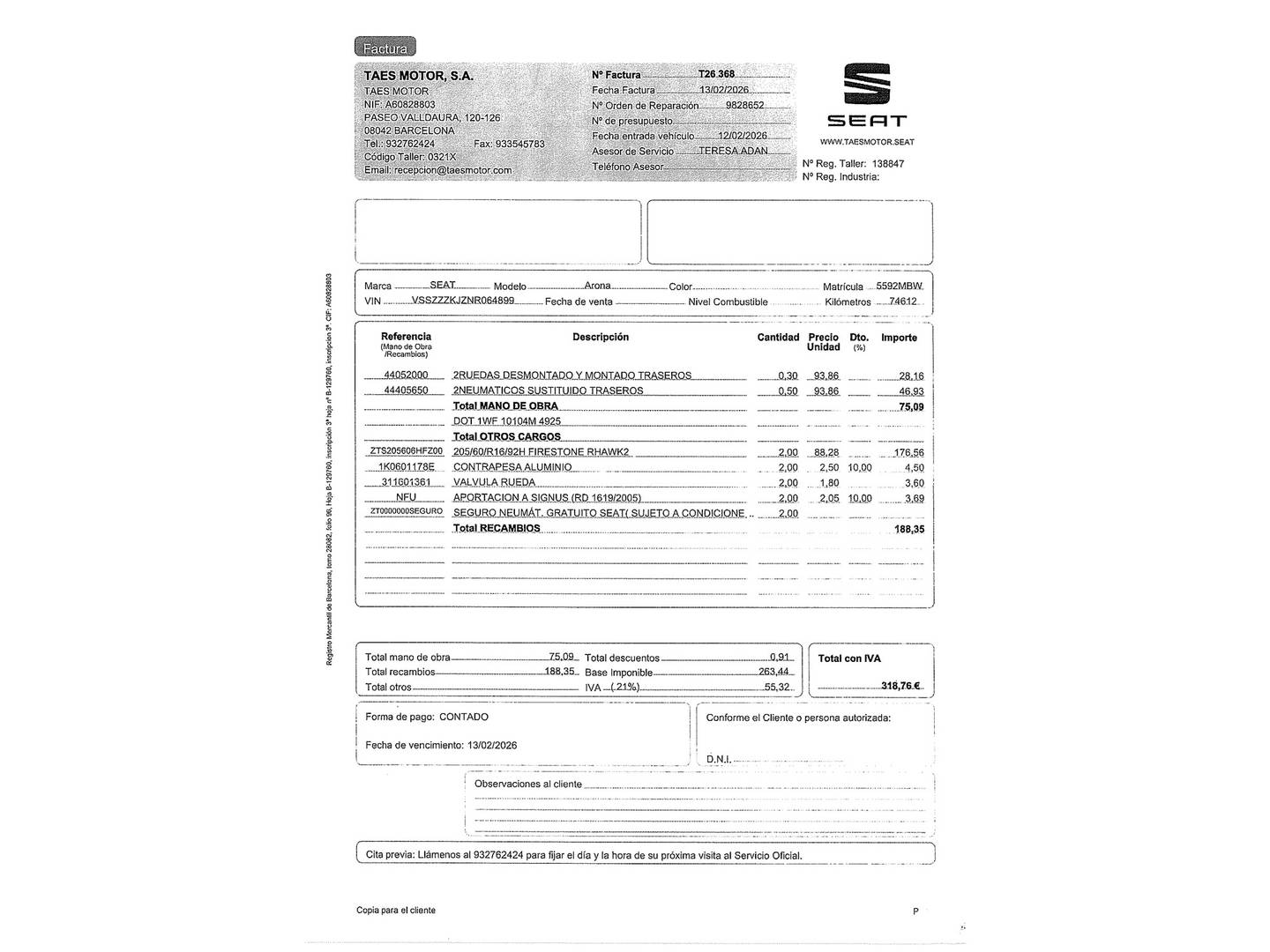 Foto del mantenimiento del Seat Arona Seat Arona 1.0 TSI Reference  (95 CV)