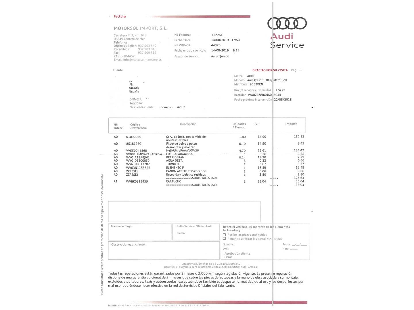Foto del mantenimiento del Audi Q5 Audi Q5 Advanced edition 2.0 TDI clean diesel quattro (190 CV) S tronic