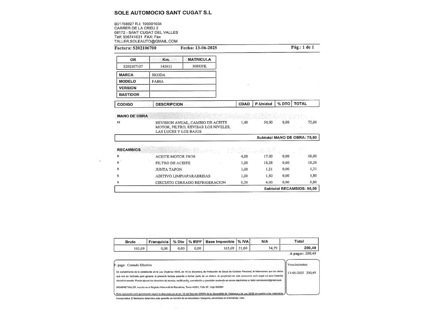 Foto del mantenimiento del Skoda Fabia Skoda Fabia 1.2 TSI Ambition (90 CV)