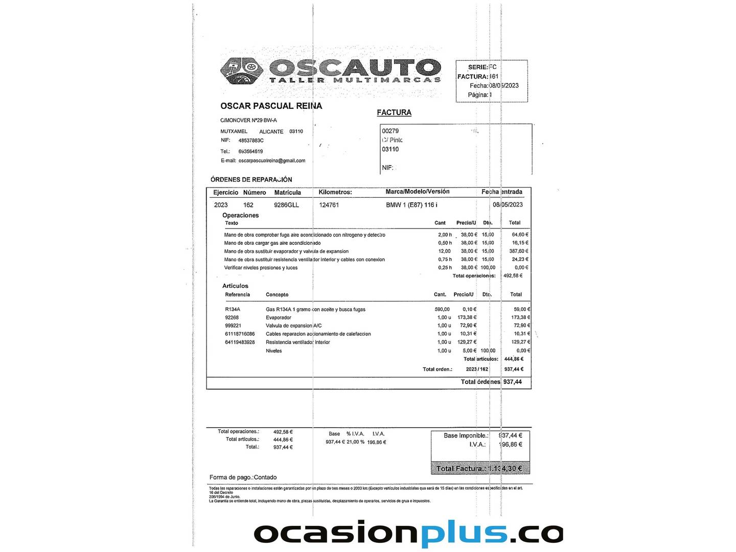 Foto del mantenimiento del BMW Serie 1 BMW Serie 1 116i (122 CV)