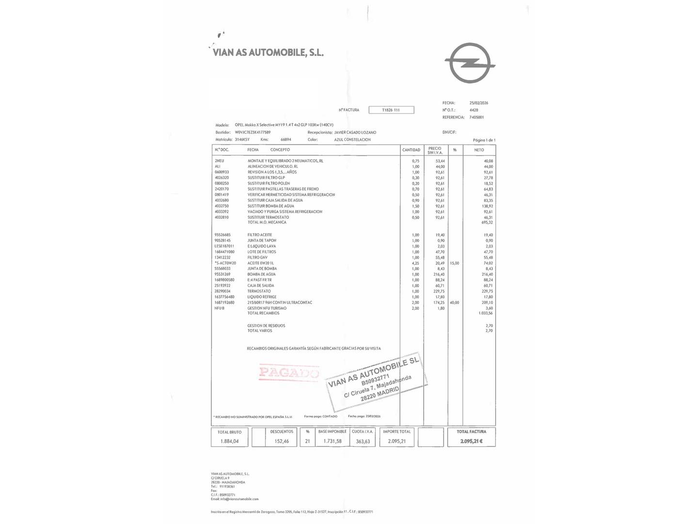 Foto del mantenimiento del Opel Mokka X Opel Mokka X 1.4 Turbo GLP Selective 4X2 (140 CV)