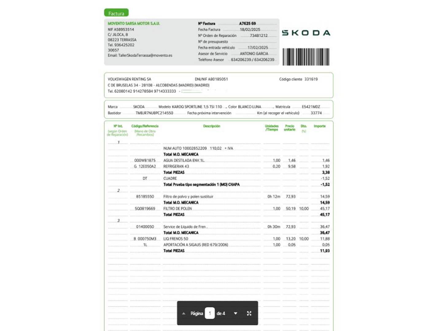 Foto del mantenimiento del Skoda Karoq Skoda Karoq 1.5 TSI ACT Sportline DSG  (150 CV)