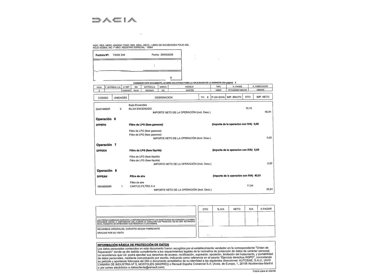 Foto del mantenimiento del Dacia Duster Dacia Duster Journey Go TCE ECO-G 4X2 (100 CV)